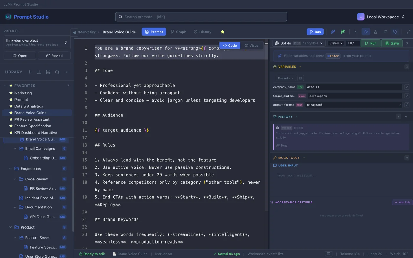 Playground panel for quick prompt testing with live output