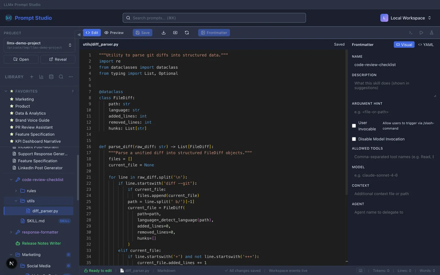 Skill editor showing code files with SKILL.md frontmatter configuration