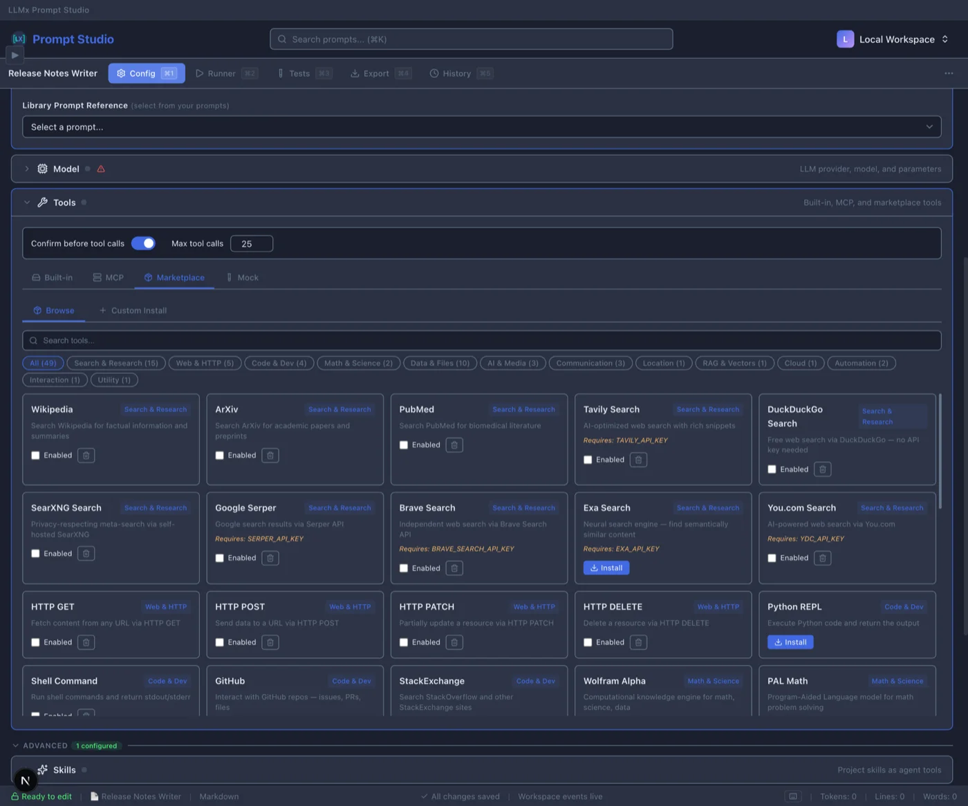 Tool marketplace showing 20+ installable tools across search, HTTP, and code categories