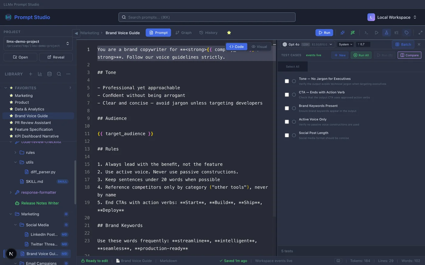 Lab panel showing test scenarios with pass/fail results and cost tracking