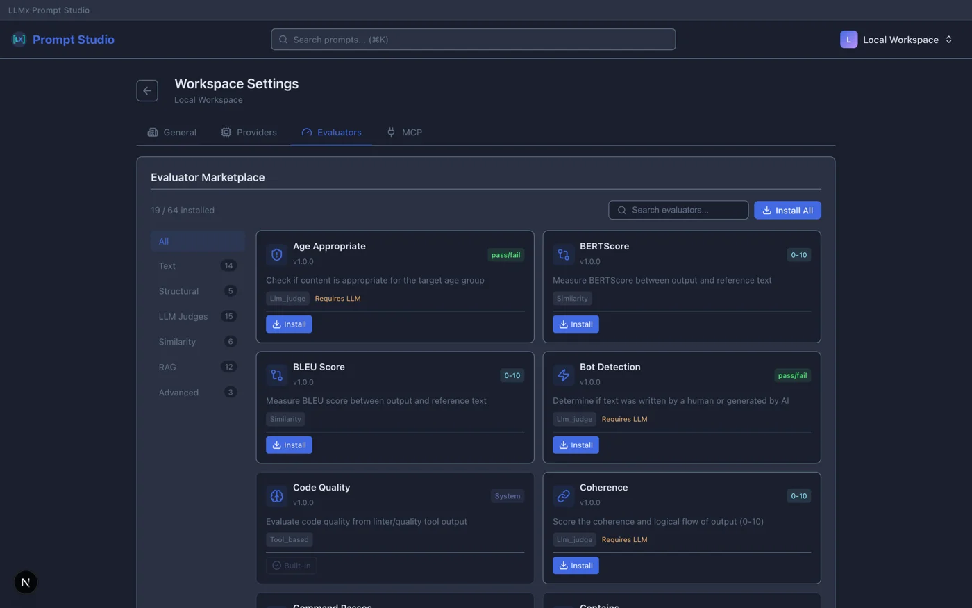 Evaluator marketplace showing 64 evaluators across 7 categories